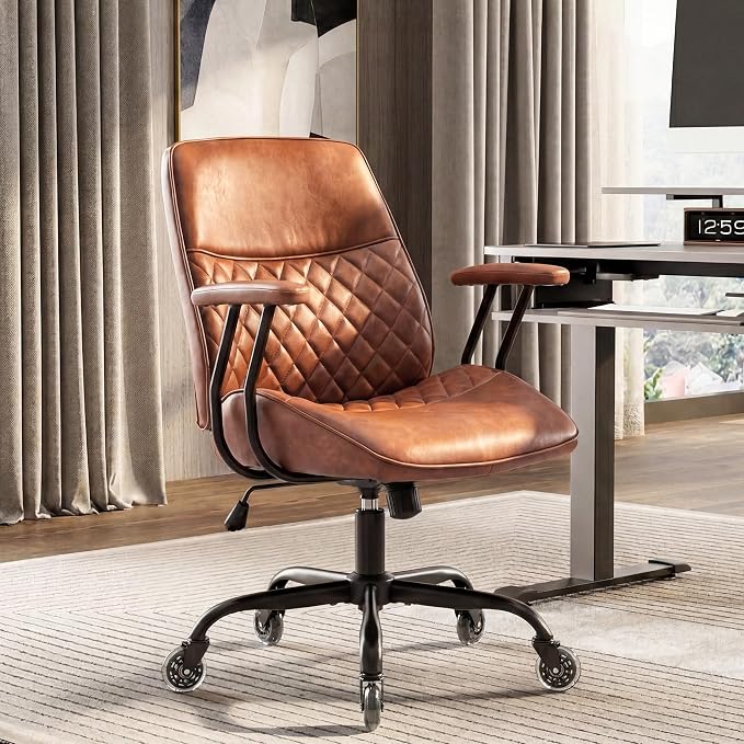 NEO CHAIR Brown Leather Office Chair with Ergonomic Design, Swivel Chair | Modern Computer Desk Chair with Genuine Leather, Lumbar Support, Removable Arms, Comfy Chair for Home Office, Smooth Rolling