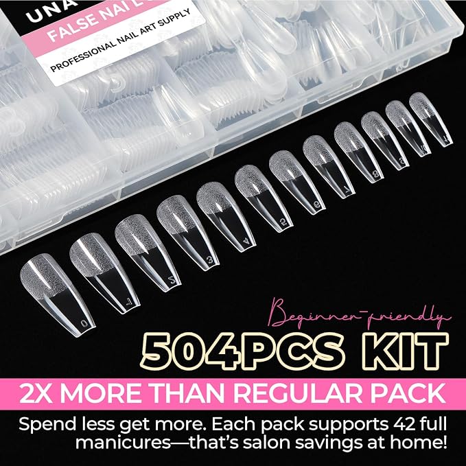 UNA GELLA Long Coffin Nail Tips 504pcs Pre-Shape Half Matte Fake Nails | Full Cover Clear Gel Nail Tips Long Coffin Press On Nails Home DIY Extension 12 Sizes