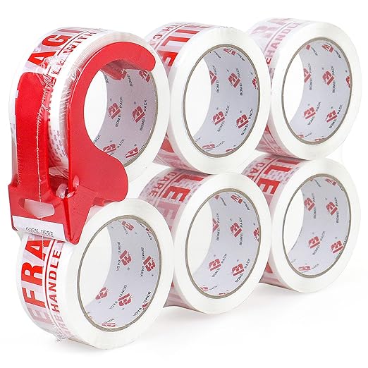 BOMEI PACK 6 Rolls Fragile Tape 2 Inch x 180 Feet (60 Yards) - Handle with Care Marking Tape, Fragile Packing Tape with Dispenser - Heavy Duty Fragiles Tape for Shipping and Moving Boxes