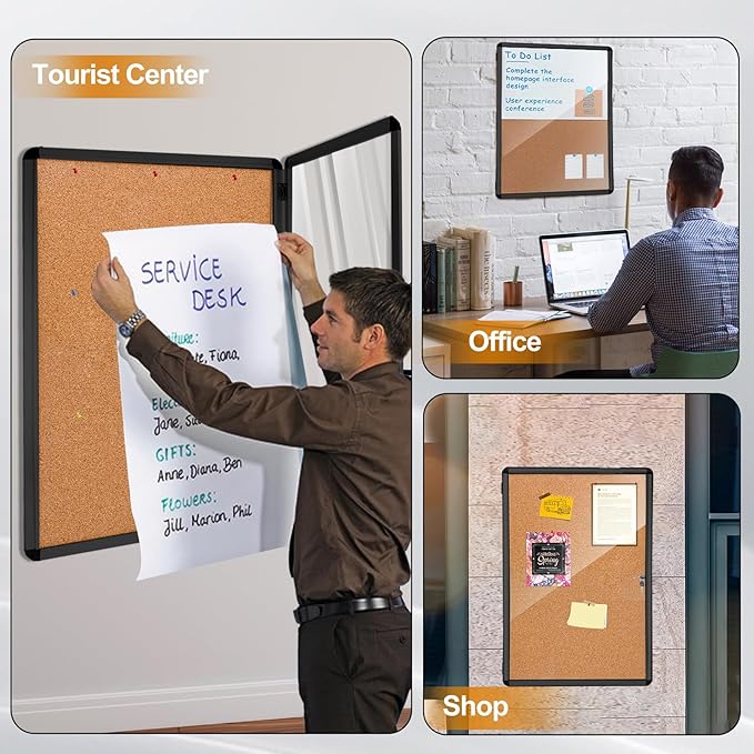 36"x24" Outdoor Enclosed Bulletin Board with Locking Door,Outdoor Bulletin Board Weatherproof Aluminum Frame,Shatter-Resistant Tamper-Proof Display Board Case Cork Board for School, Office, Park