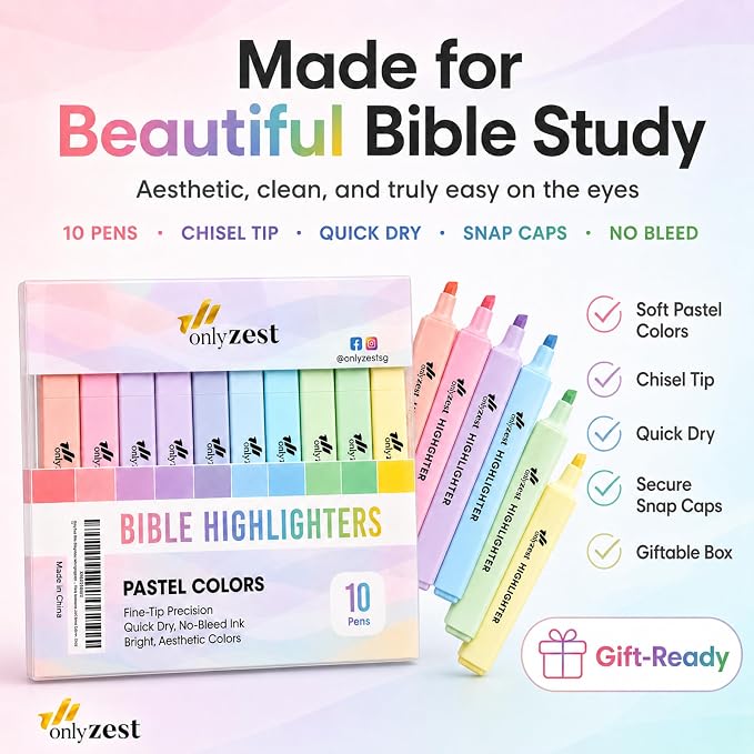 10 Aesthetic Bible Highlighters - Chisel Tip Liquid Ink Marker | Pen with Snap Caps for Clean Highlighting - Assorted Colors, No Bleed & Quick Dry - Bible Marker for Journaling & Studying