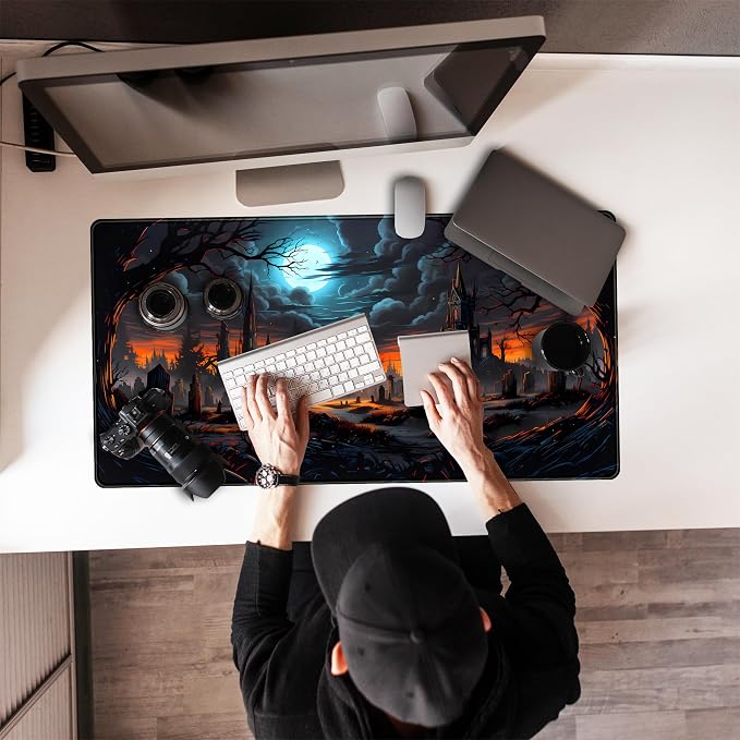 Dark Fantasy Castle Desk Pad Extended Gaming Mouse Pad, XXL Large Computer Laptop Keyboard Wireless Mouse Mat, Office Desk Decor Mousepad Deskmat with Stitched Edges Matt 31.5x15.7 in
