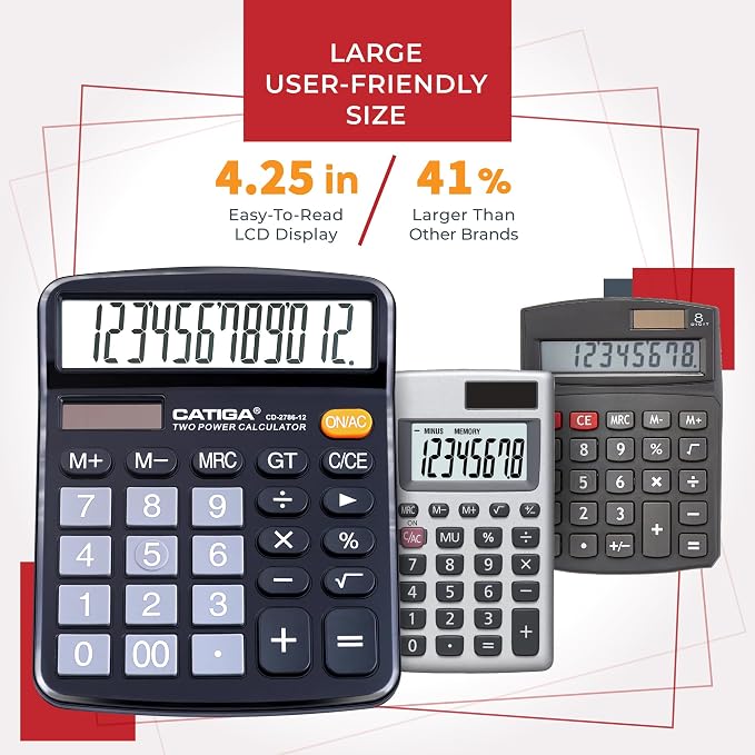 CATIGA Desktop Calculator, 12 Digit Large LCD Display, Dual Power, Sensitive Big Button, Standard Function Calculators for Office, School and Business, CD-2786 2 Pack, Black & Silver
