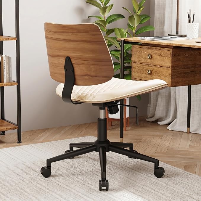 Modern Armless Office Chair with Wheels, Wide Seat Walnut, Beige | Adjustable Swivel Desk Chair with Mid Back & Tilt Function, Faux PU Leather Mid Century Modern Task Office Chair, 300LBS Cap