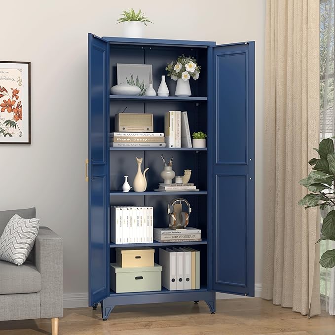 SteeLoong 75”Metal Pantry Storage Cabinet with Doors & 4 Adjustable Shelves | Kitchen Pantry Cabinet,Blue Kitchen Cabinet with 2 Gold Handles,Tall Cabinet for Livingroom,Pantry, Bathroom,Kitchen,Garage