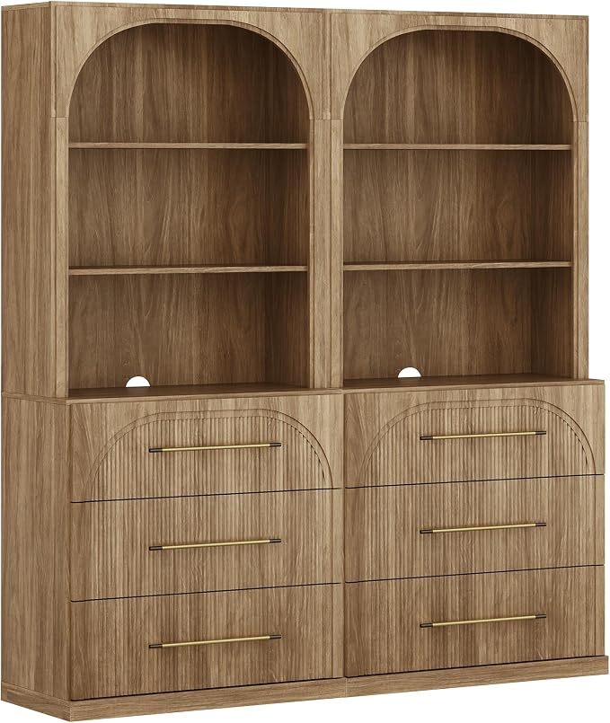 BELLEZE Display Storage Cabinet with Hutch Set of 2, 72" Tall Wood Modern Bookshelf with 3 Drawers, Cabinet for Office, Study, Kitchen, Dining Living Room, Camel