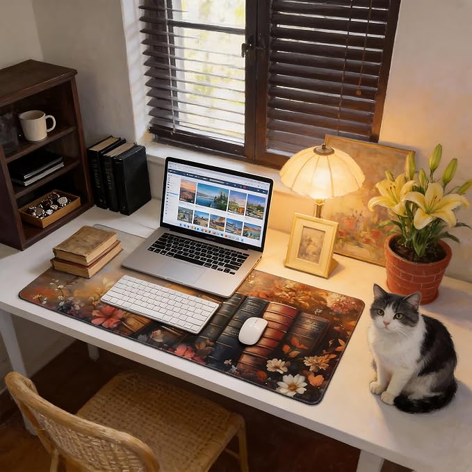 Floral Aesthetic Book Gaming Mouse Pad, Earth Tone Dark Romanticism Desk Mat with Anti-Slip Base & Stitched Edges, Office Supplies & Desk Decor for Women, 35.4" x 15.7" in Home Office Essentials