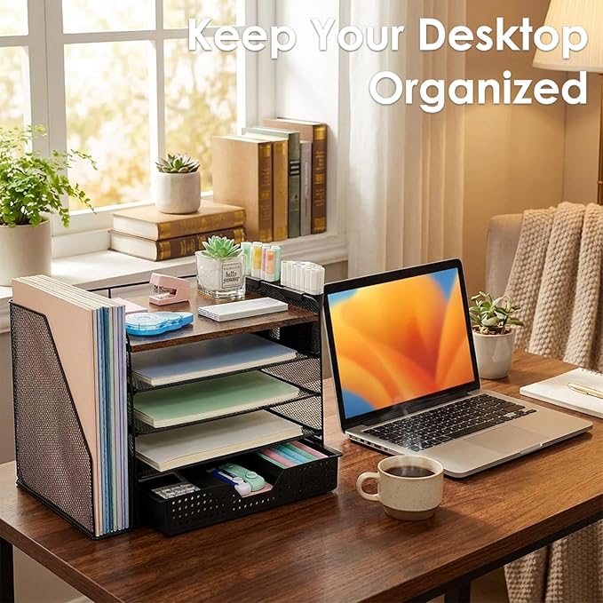 Desk Organizer, 5-Tier Desktop File Organizer with Drawer and Pen Holders, Office Desk Accessories, File Sorters, Workspace Organizers for Office Supplies(Wood)