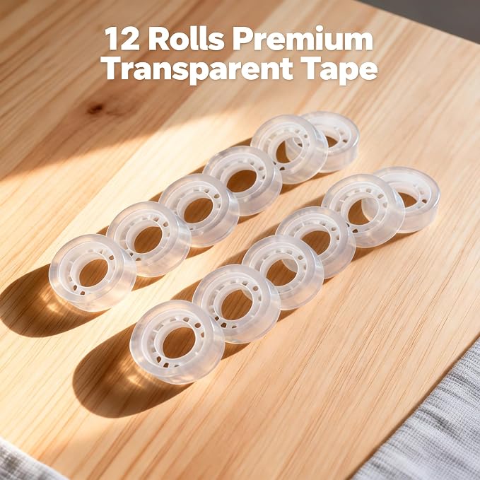 12 Rolls Crystal Clear Transparent Tape with Acrylic Tape Dispenser, 3/4 Inch x 1000 Inch, 1 Inch Core, Clear Office Tape Invisible Tape for Office School Home DIY Craft Gift Wrapping Document Sealing