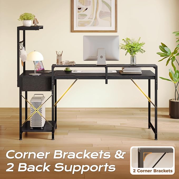 55.1 Inch Gaming Desk with LED Lights & Power Outlets | Computer Desk with Drawer & Storage Shelves, Office Writing Desk with Monitor Stand for Work from Home, Black