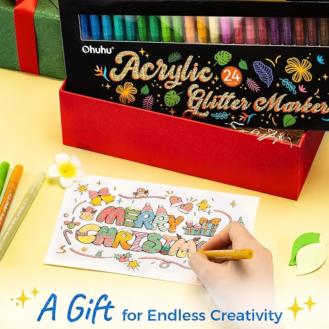 Ohuhu Acrylic Glitter Markers 24 Colors Fine Tip for Painting Coloring | AP Certified Glitter Paint Pens for Fine Details & Shimmer Accents, Water-Based & Quick Dry, for Crafts Cards Journaling