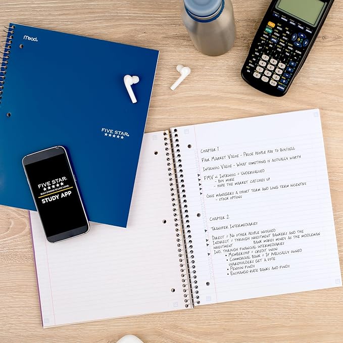 Five Star Spiral Notebook + Study App, 5 Subject, College Ruled Paper, 8-1/2" x 11", 200 Sheets, Fights Ink Bleed, Water Resistant Cover, Pacific Blue (73635) (Pack of 6)