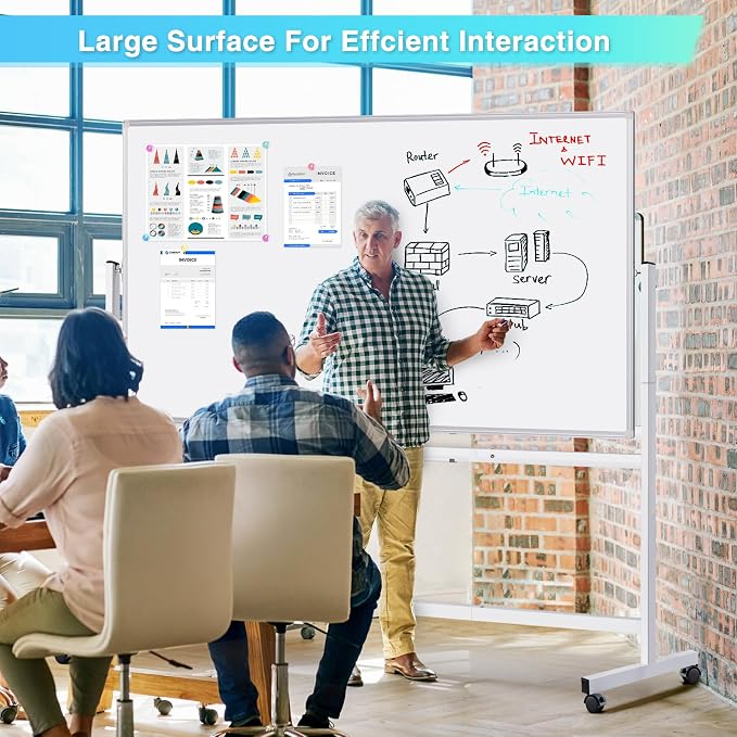 Maxtek Silver Rolling Whiteboard 72 x 40 in, Double-Sided Magnetic | Mobile Giant Dry Erase Board with Stand, Big Reversible Writing Surface, For Office, School, Home and Homeschool(Sliver)