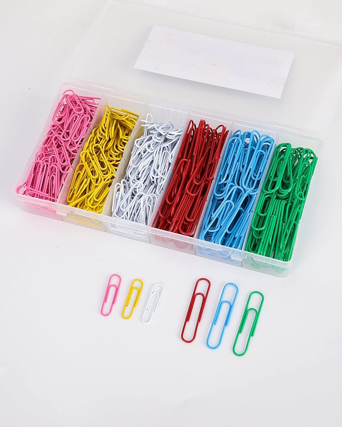 PAPERPAL Paper Clips, 2 in (50 mm) & 1-2/7 in (33 mm), 540, Assorted Colors | Vinyl-coated large and medium paper clips for office, school and personal use; 180 jumbo, 360 #1, 6-compartment box.