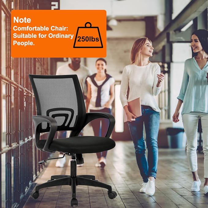 BestOffice Ergonomic Office Chair | Mid-Back Swivel Desk Chair | Black | with Lumbar Support, Adjustable Height & Breathable Backrest | Sponge Seat & Rolling Wheels | for Home, Office | Pack of 2