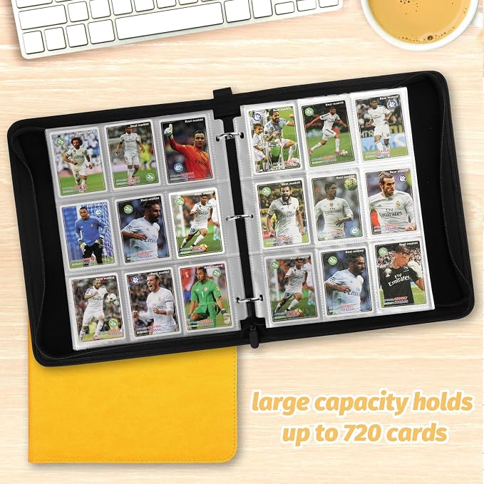 GERMUN 3 Ring 9 Pocket Zipper Card Binder, 720 Double Sided Standard PU Trading Card Album Folder for TCG & Sports Cards, Not Fit Top Loaders (yellow)