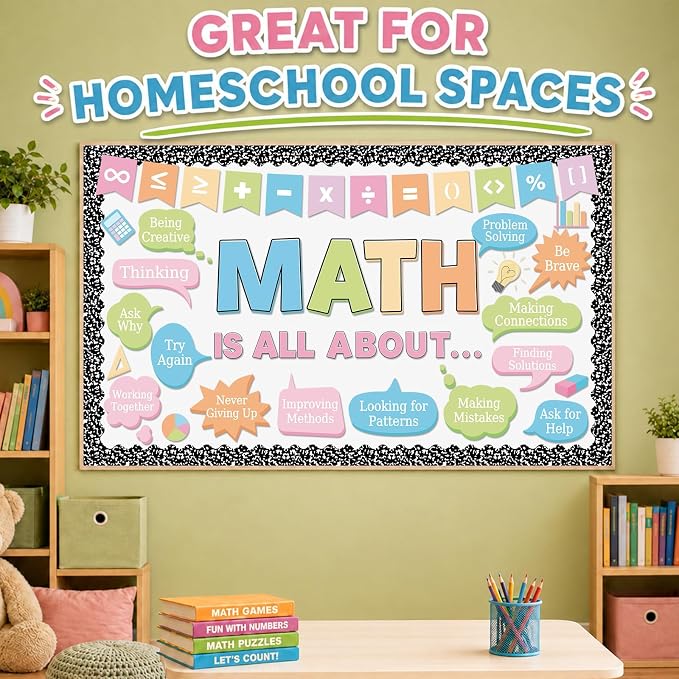 Pastel Composition Notebook Math Bulletin Board Set Mathematics Classroom Decor Math is All About Motivational Paper Cutouts for Back to School Chalkboard Wall Supply