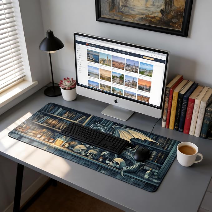 Aesthetic Dragon Gaming Mouse Pad, Deep Teal Gothic Desk Mat with Anti-Slip Base & Stitched Edges, Office Supplies & Desk Decor for Women, 35.4" x 15.7" in Home Office Essentials