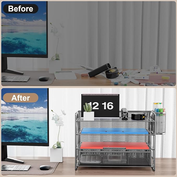 Marbrasse Desk Organizer, 4-Tier Paper File Letter Tray, Grey | Sturdy Paper Tray, File Holder, Built-in Drawer, 2 Pen Slots, fits Letters/Files, for School Home Office Supplies