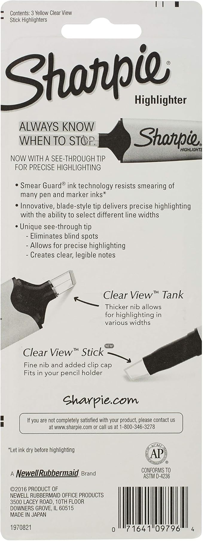 Sharpie Clear View Highlighter Stick, Yellow, 3/Pack (1950745)