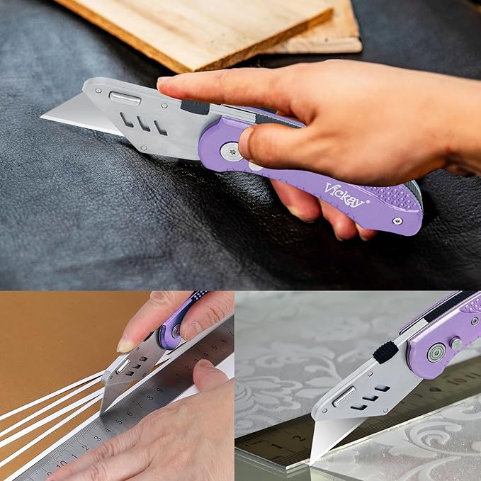 Vickay Folding Utility Knife, Box Cutter with 5 SK5 Quick Change Blades, Safety Axis Lock Design Razor Knife, Lightweight Aluminum Handle Belt Clip for Office Home Artcraft (Light Purple)