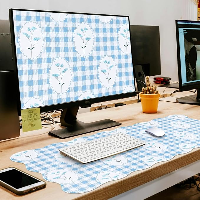 L-SPOUTTO Blue Mouse Pad,Cottagecore Scalloped Desk Mat XXL Gaming Mousepad | Checkered Floral Large 35.4x15.7in Non-Slip Rustic Keyboard Pad Desktop Mat for Laptop Computer Game Home Office