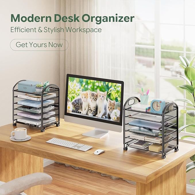 Simple Trending 6-Tier Desk File Organizer, Paper Organizer for Desk, Black | Letter Tray Holder with Handle. Sturdy Metal Frame. Non-slip Feet. Black for Office Home School. 13.1"L x 8.8"W x 14.3"H