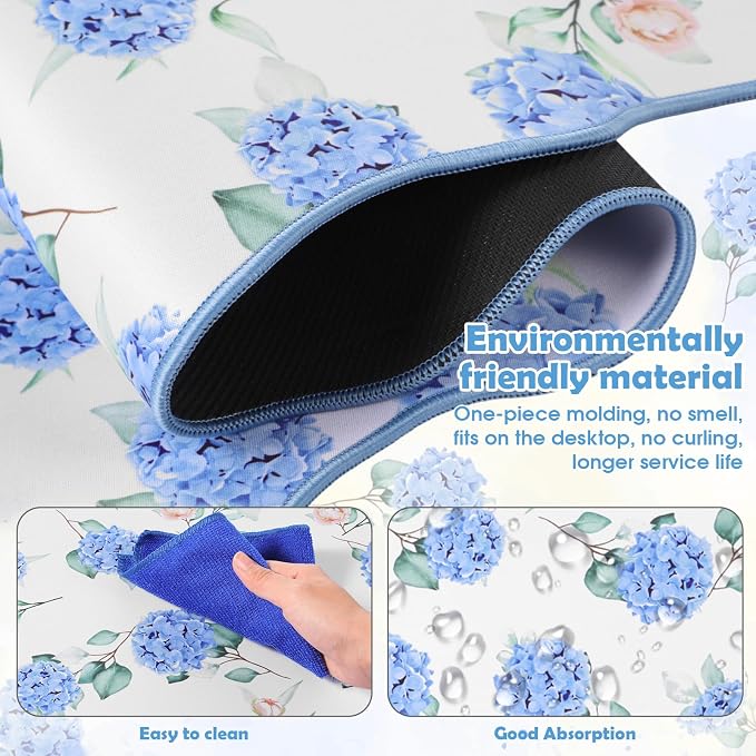 1 Pcs Blue Scalloped Hydrangea Desk Mat 31.5 x 11.8 Inch Large Cute Mouse Pad Computer Mat Non Slip Waterproof Rubber Base with Border Stitching Soft Keyboard Pad for Home Office Gaming Makeup