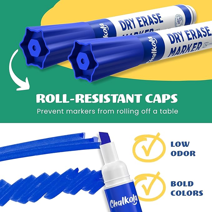 Chalkola Dry Erase Markers Bulk - 60 Pack (15x Black, Red, Green Blue) | White Board Markers - Dry Erase Pens, Low odor Whiteboard Pens for Kids, Home, Office & Back to School Supplies