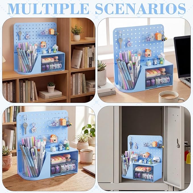 Novabright Desk Organizer with Drawers, Rotating Pen Holder with 5 Slots & Pegboard, Back to School & First Day of School Gifts, Multifunctional Desktop Storage for Desk Home Office Supplies(Blue)