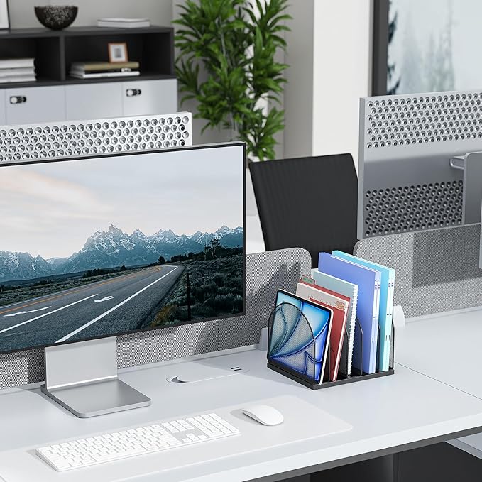 gianotter Desktop File Organizer with 5 Compartments | Desk Organizer Paper Organizer for Desk Workspace Organizers for Office Supplies (Black, Upright Style)