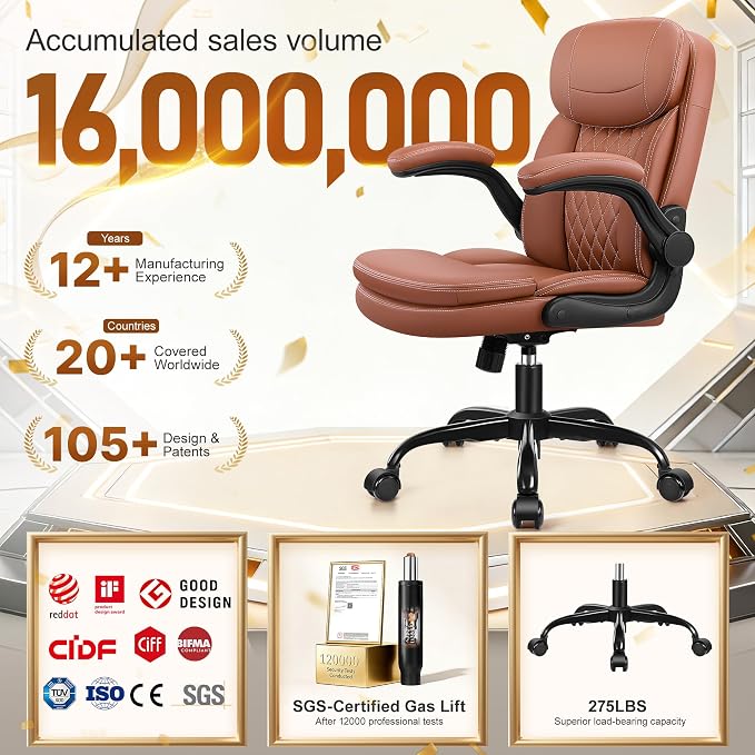 HeroSet Leather Office Chair with Upgraded Double-Layer Seat Cushion and Neckrest for Short People, Brown