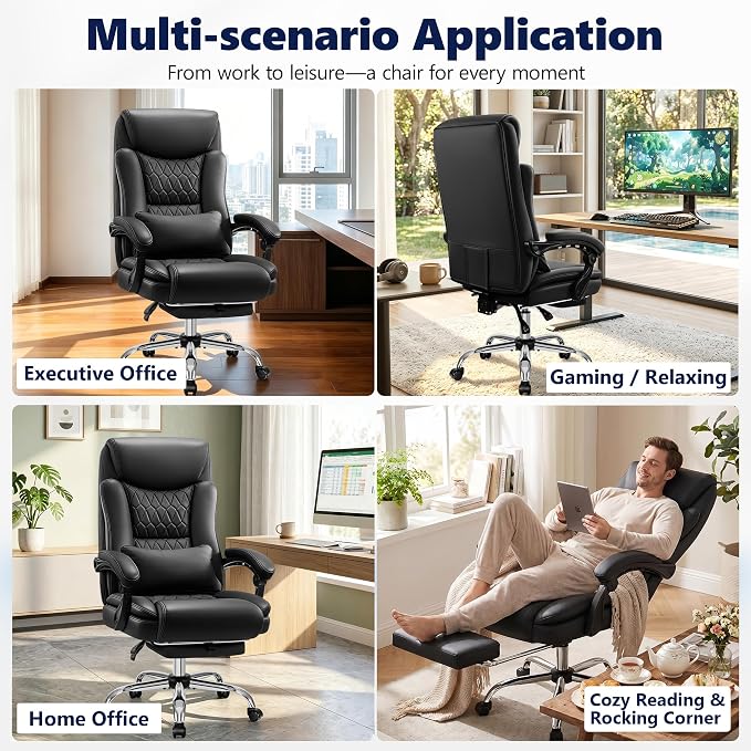 Ergonomic Office Chair Executive PU Leather High Back, 400lbs Heavy Duty Reclining Desk Chair with Footrest, Adjustable Lumbar Support, Padded Armrests, Wide Seat, Black