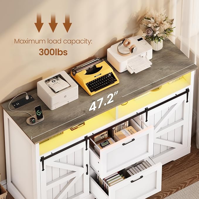 SEDETA 47.2" File Cabinet, 2 Drawers Filing Cabinets for Home Office fit Legal/Letter/A4 File, Farmhouse File Cabinet with Barn Door & Power Outlet, Printer Stand with Storage & LED Light, White+Grey