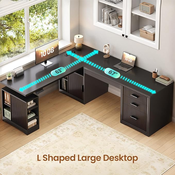 SEDETA Fluted L Shaped Electric Standing Desk, 63" x 67" Height Adjustable Home Office Executive Desk with Drawers and Shelves, Two Person Desk with Power Outlet for Home Office, Black