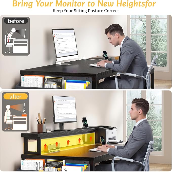 EnHomee 56.5" Office Desk with Drawers & Printer Space for Home Work,Black | Computer Desk with 3 AC Outlets& 2 USB Ports,40"*7" Long Monitor Stand,Side Pockets with Storage Space,Home Office,Bedroom
