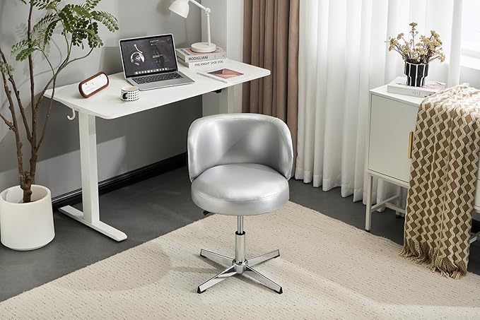 VINGLI Cute Small Swivel Desk Chair Comfy no Wheels,Ergonomic Low-Back Lumbar Support Vanity Nail Tech Computer Task Stool Chair for Home Office,Height Adjustable,PU Leather Silver&Suede Black