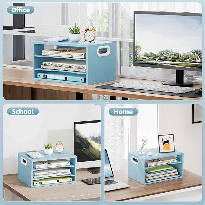 Marbrasse 3 Tier Wood Desk Organizer,Desk Paper Letter Tray Organizer,Blue | Wooden Desktop File Organizer with Handle and Paper Sorter Mail Holder for Office School & Home Supplies Organization
