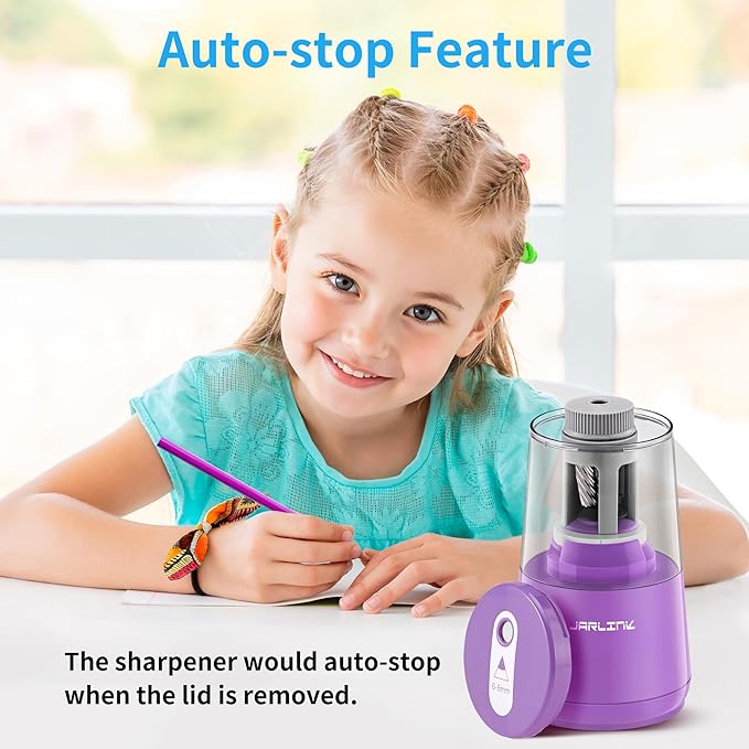 JARLINK Electric Pencil Sharpener, Heavy-Duty Helical Blade to Fast Sharpen, Auto Stop for No.2/Colored Pencils(6-8mm), USB/Battery Operated in School Classroom/Office/Home (Purple)