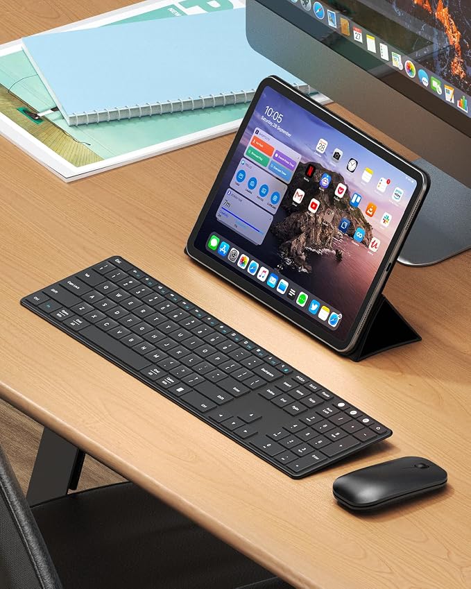 seenda SKM64-3 Wireless Bluetooth Keyboard Mouse Combo for Windows and Mac | USB and dual Bluetooth multi-device switching, quiet, rechargeable, full-size slim set for PC, MacBook, iPad, Black