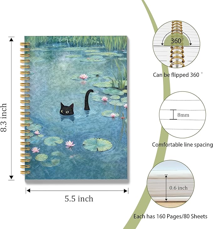 ROXMART Funny Black Cat in Water Lily Pond Spiral Notebook Journal, Cat Lover Mom Lady Gifts for Women, Whimsical Cute Black Kitty Kitten Hardcover Notebook Journal, 5.5x8.3 Inch