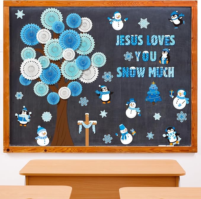 79 Pcs Winter Bulletin Board Decorations Jesus Loves You Snow Much Classroom Decor 3D DIY Christmas Tree Paper Fans Snowman Snowflake Penguins Cutouts for Winter Xmas Home School Wall Decor