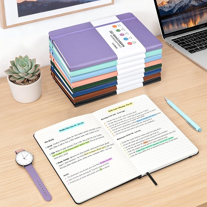 Hardcover Journal Notebooks for Work: 8 Pack, A5 100gsm Lined Paper | Multicolor, 5.7" x 8.3", PU Leather Cover, Notebooks Bulk for Office, School, Meetings, Daily Plans and Personal Journaling