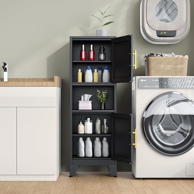 Metal Tall Narrow Bathroom Storage Cabinet, Freestanding Floor Cabinet with 2 Doors and Adjustable Shelves, Pantry Storage Cabinets for Bathroom, Living Room, Entryway and Kitchen (Black)