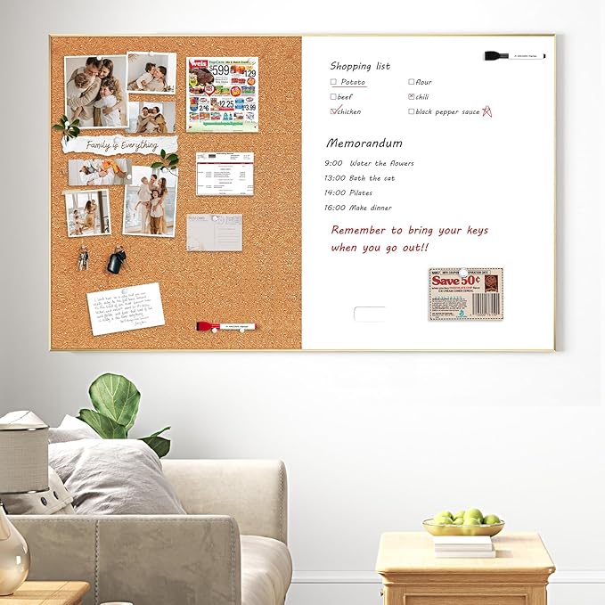 Cork Board White Board Combo for Wall | Bulletin Board-Gold Frame, Magnetic Dry Erase Board & Corkboard, Vision Board for Home, Office, School (Gold, 48 x 30)