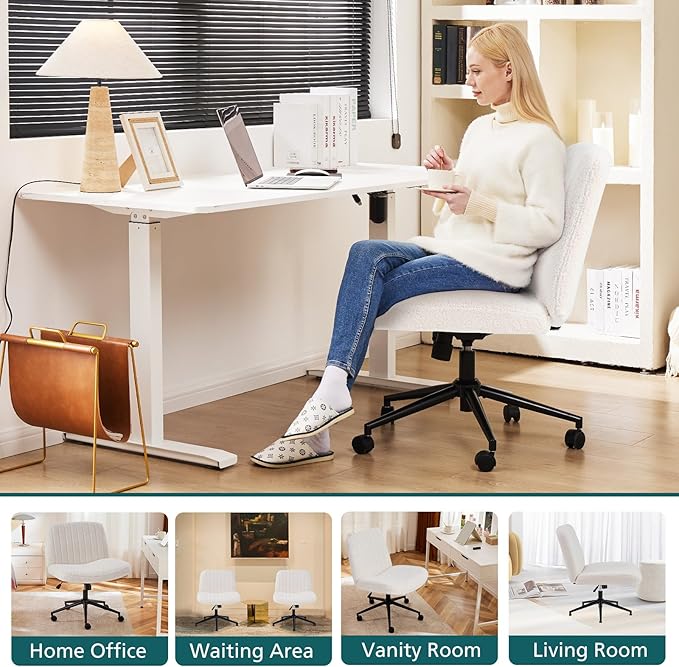 OLIXIS Criss Cross Chair with Wheels, Vanity Chair, Home Office Desk | Wide Seat Armless, Furry Teddy Fleece, Height Adjustable Swivel Rolling, Home Computer Task Seat, Bedroom Study, Beige Teddy