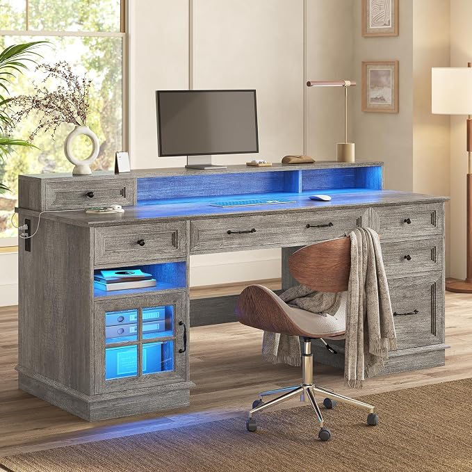 HAUOMS Farmhouse Executive Desk Computer Desk with Drawers,Grey | Executive Office Desk with File Drawers, Power Outlet, Led Lights, Storage Cabinet and Monitor Shelf for Home Office