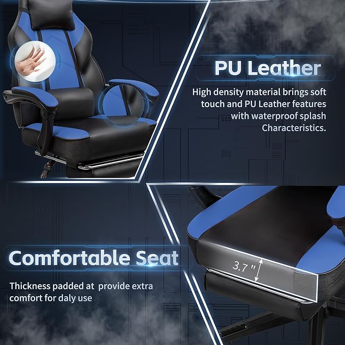 Gaming Chairs for Adults, Computer Chair with Footrest and Ergonomic High Back, Big and Tall Gamer Chairs with Massage Lumbar Support, 360° Swivel Height Adjustable Gaming Chair, Blue