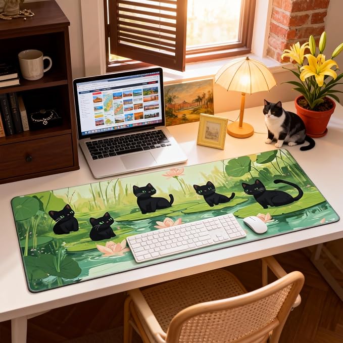Cute Anime Black Cat Gaming Mouse Pad, Forest Green Anime Desk Mat with Anti-Slip Base & Stitched Edges, Office Supplies & Desk Decor for Women, 35.4" x 15.7" in Home Office Essentials