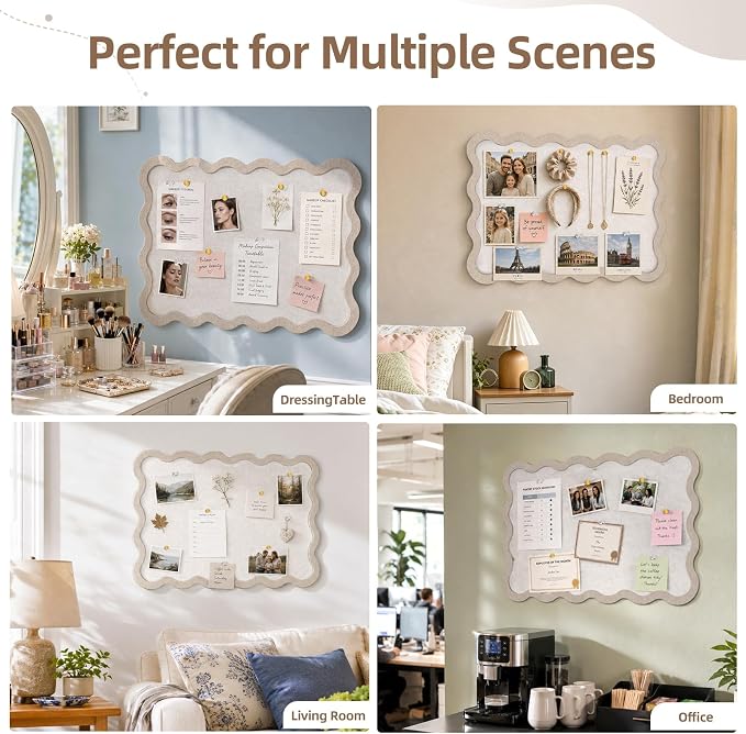 VABAMNA Scalloped Felt Bulletin Board 24"x18", Felt Cork Board Alternative for Wall, Foldable Picture Self-Adhesive Boards with Pins Hooks, Vision Boards for Photo Display School Home Office, Oatmeal